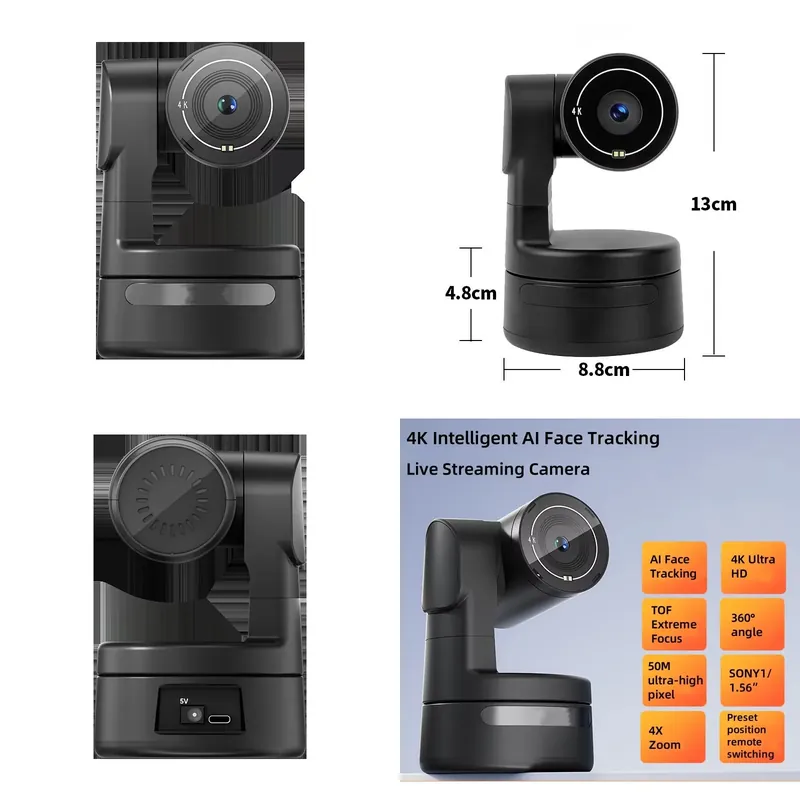 Webcam 4K - Miniatuur 4K PTZ-webcam voor pc, AI-tracking