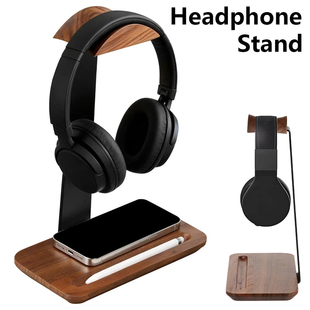Headset Stand - Universele houten hoofdtelefoonstandaard met opbergbasis, antislip